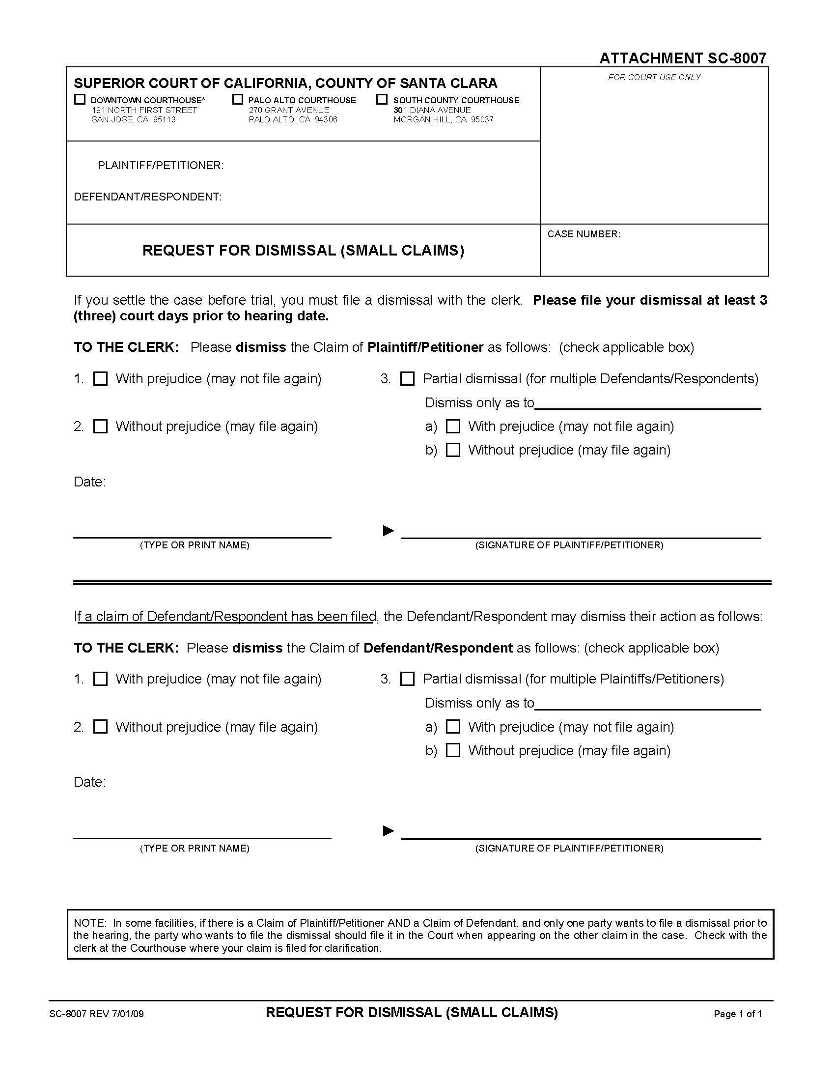 Request For Dismissal (Small Claims) {SC-8007} | Pdf Fpdf Doc Docx | California