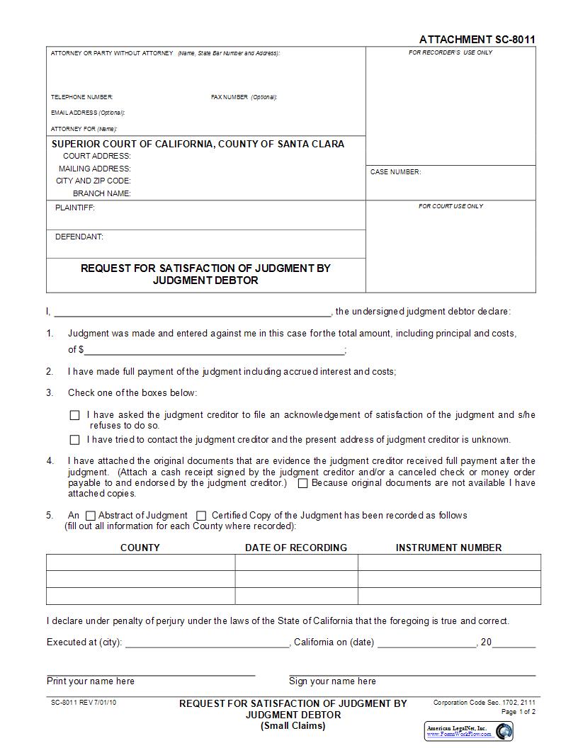 Request For Satisfaction Of Judgment By Judgment Debtor (Small Claims) {SC-8011} | Pdf Fpdf Docx | California