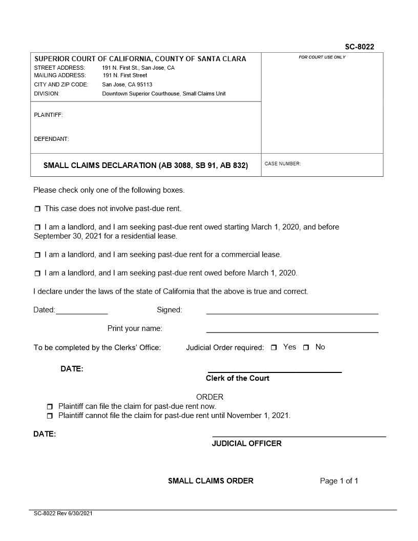 Small Claims AB 3088 Declaration {SC-8022} | Pdf Fpdf Docx | California