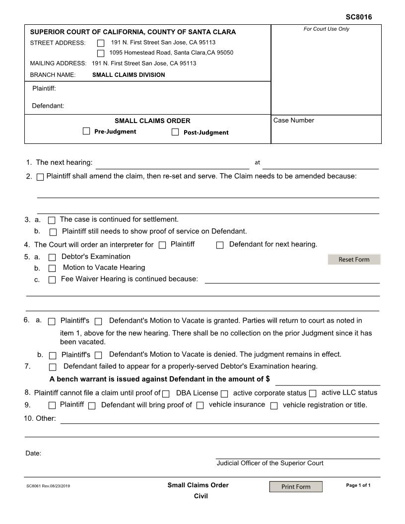 Small Claims Order {SC-8016} | Pdf Fpdf Doc Docx | California