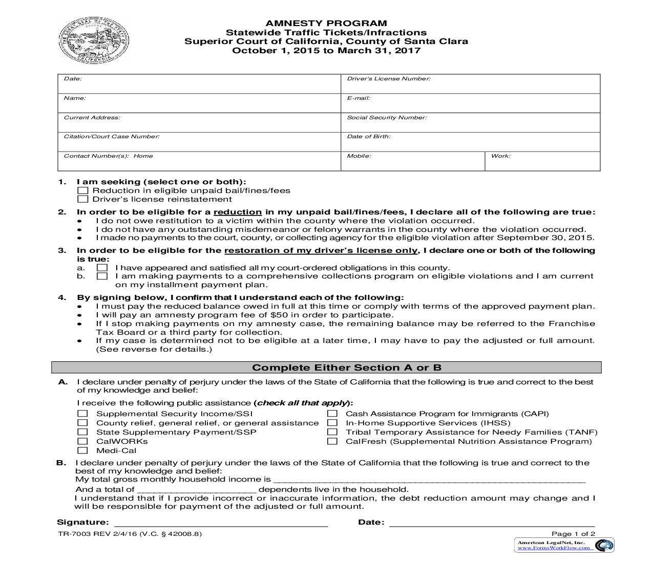 Amnesty Program Statewide Traffic Tickets-Infractions {TR-7003} | Pdf Fpdf Doc Docx | California
