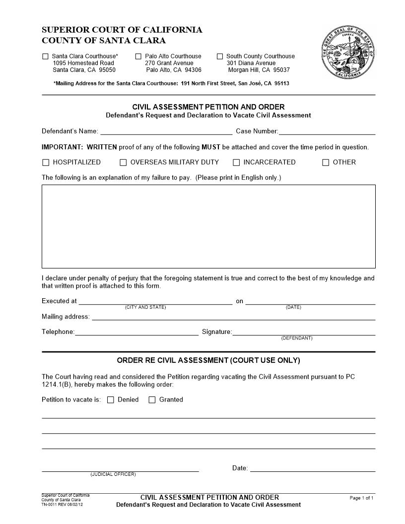Civil Assessment Petition And Order Defendents Request And Declaration To Vacate Civil Assessment {TN-0011} | Pdf Fpdf Doc Docx | California
