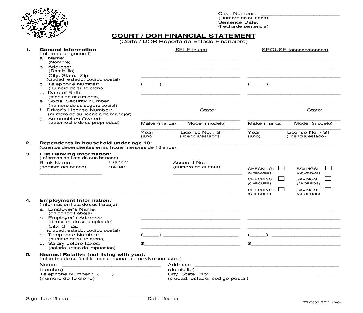 Court-DOR Financial Statement (Traffic) {TR-7000} | Pdf Fpdf Doc Docx | California