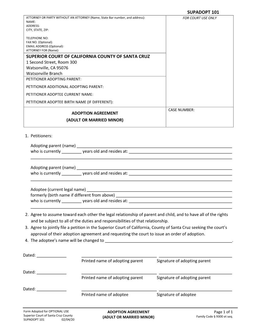 Adoption Agreement (Adult Or Married Minor) {SUPADOPT-101} | Pdf Fpdf Docx | California