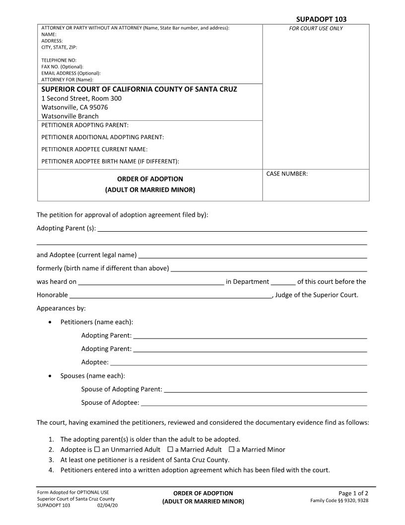 Order Of Adoption (Adult Or Married Minor) {SUPADOPT-103} | Pdf Fpdf Docx | California