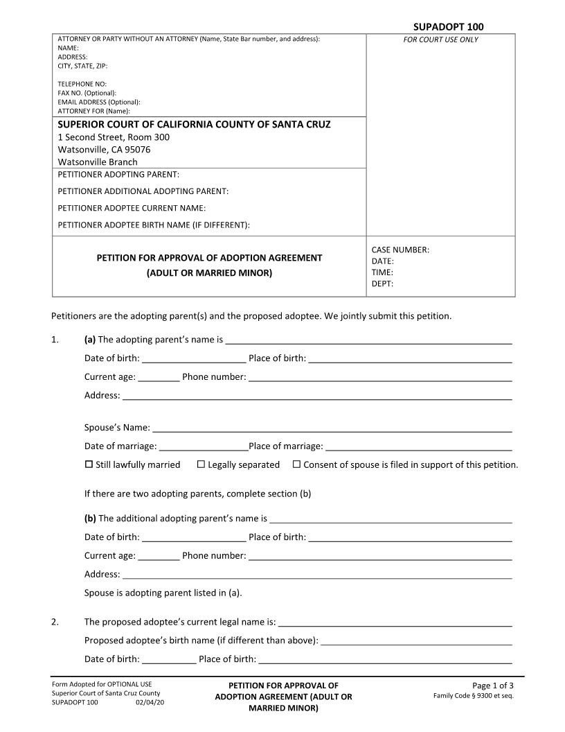 Petition For Approval Of Adoption Agreement (Adult Or Married Minor) {SUPADOPT-100} | Pdf Fpdf Docx | California