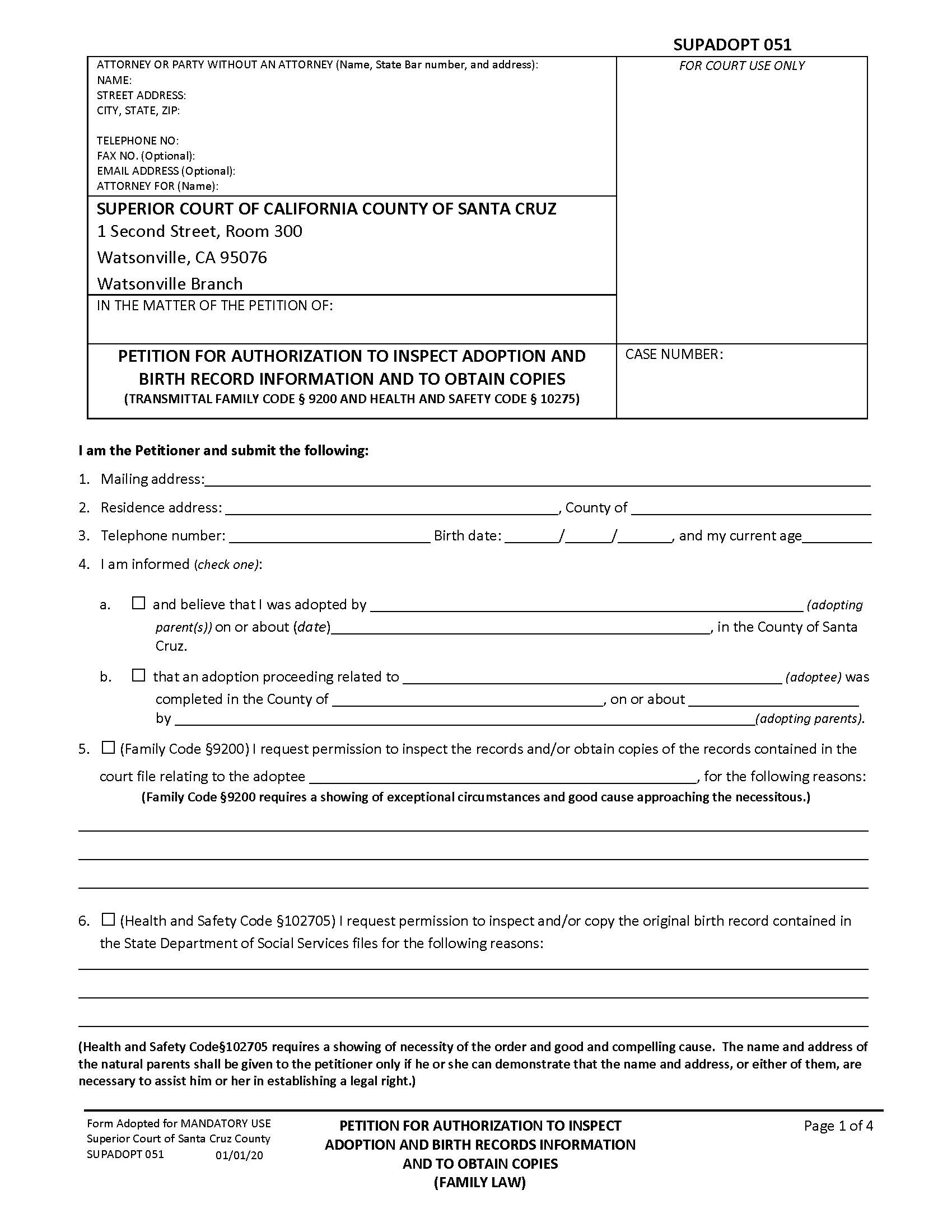 Petition For Authorization To Inspect Adoption And Birth Records Information {SUPADOPT-051} | Pdf Fpdf Docx | California