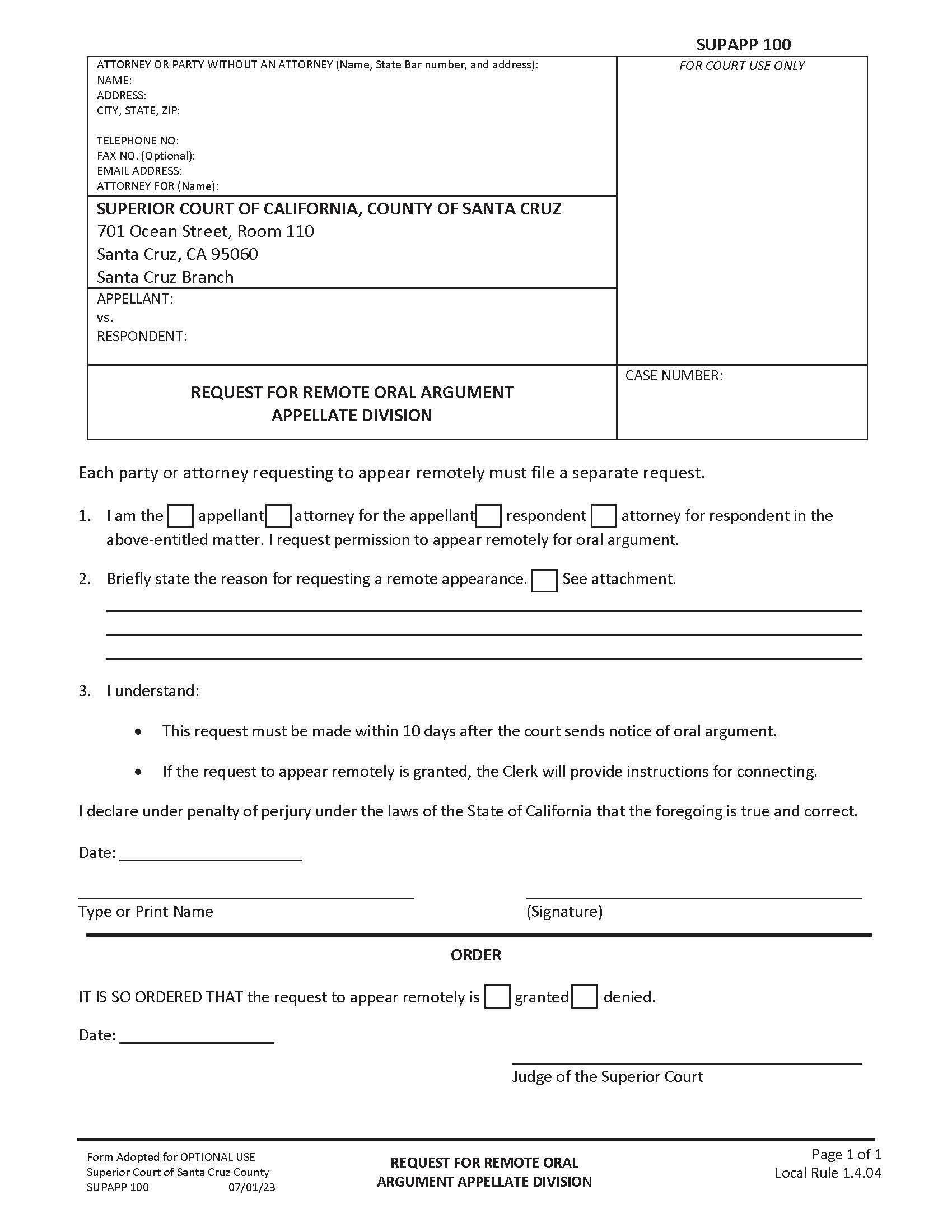 Request For Remote Oral Argument Appellate Division {SUPAPP-100} | Pdf Fpdf Docx | California