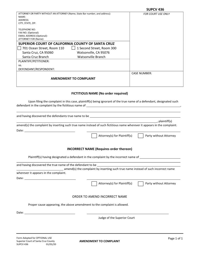 Amendment To Complaint {SUPCV-436} | Pdf Fpdf Docx | California