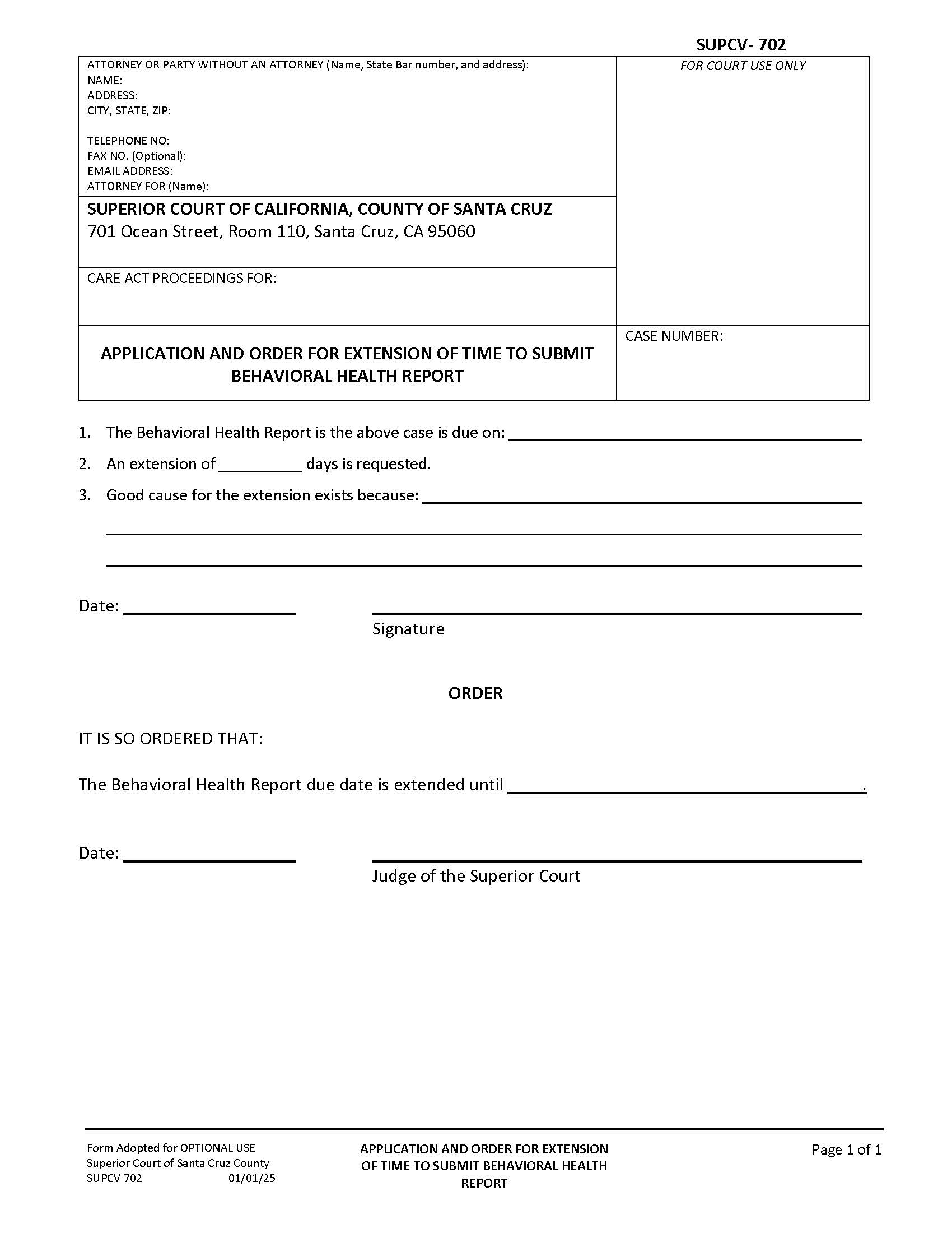 Application And Order For Extension Of Time To Submit Behavioral Health Report {SUPCV-702} | Pdf Fpdf Docx | California