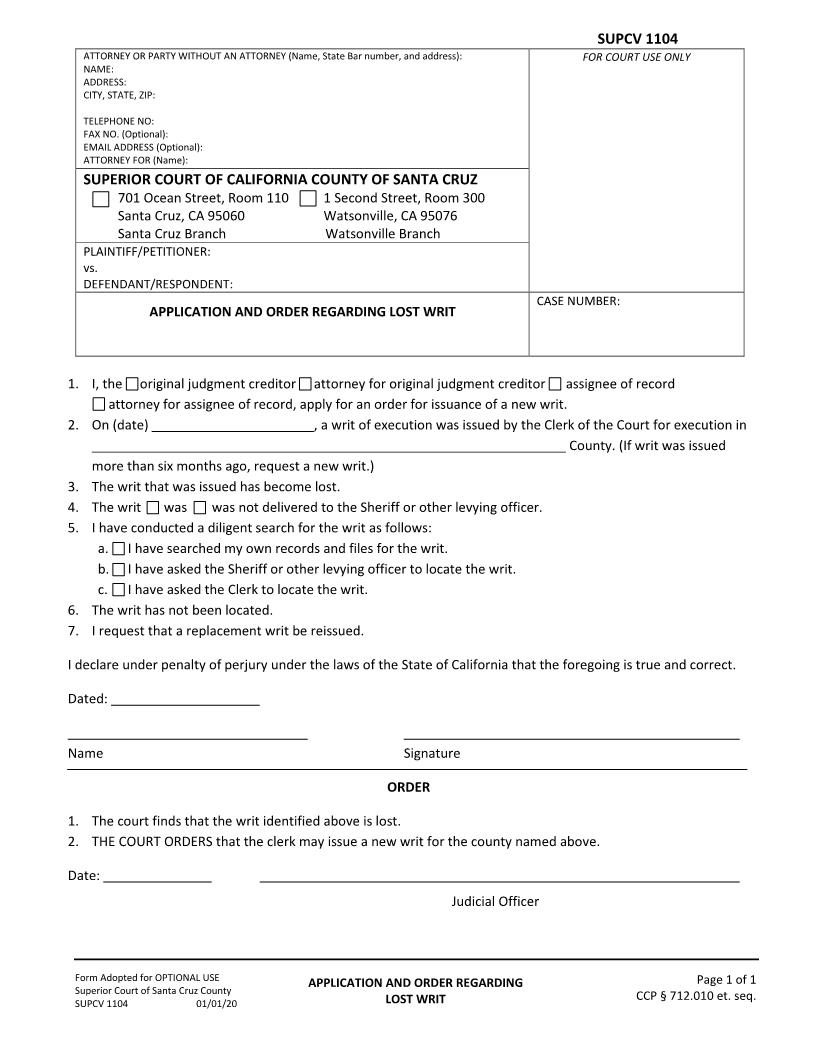 Application And Order Regarding Lost Writ {SUPCV-1104} | Pdf Fpdf Docx | California