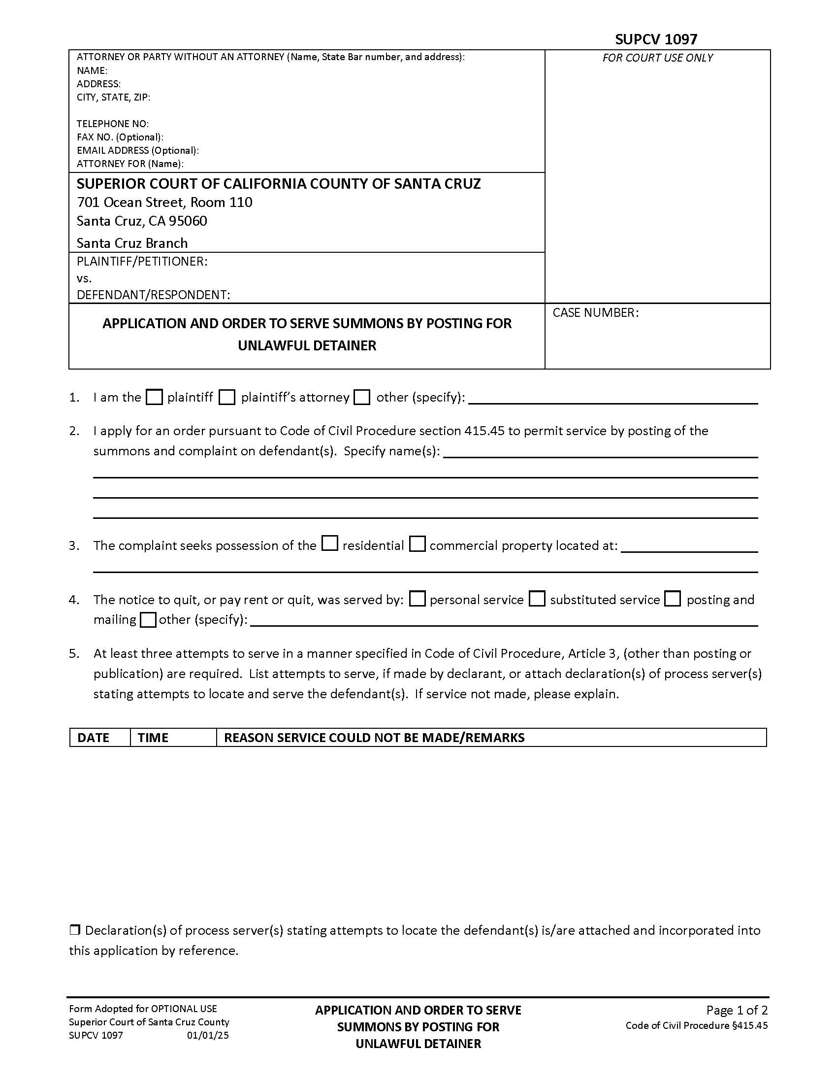 Application And Order To Serve Summons By Posting For Unlawful Detainer {SUPCV-1097} | Pdf Fpdf Docx | California
