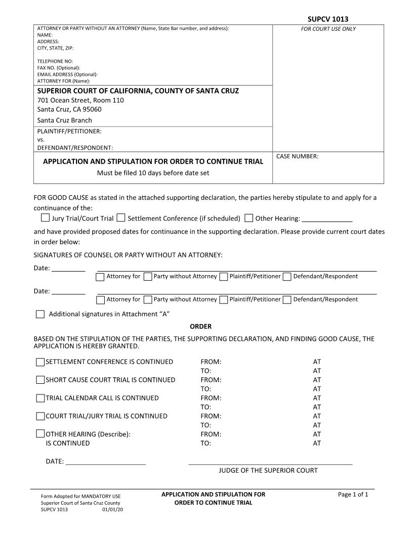 Application And Stipulation For Order To Continue Trial {SUPCV-1013} | Pdf Fpdf Docx | California