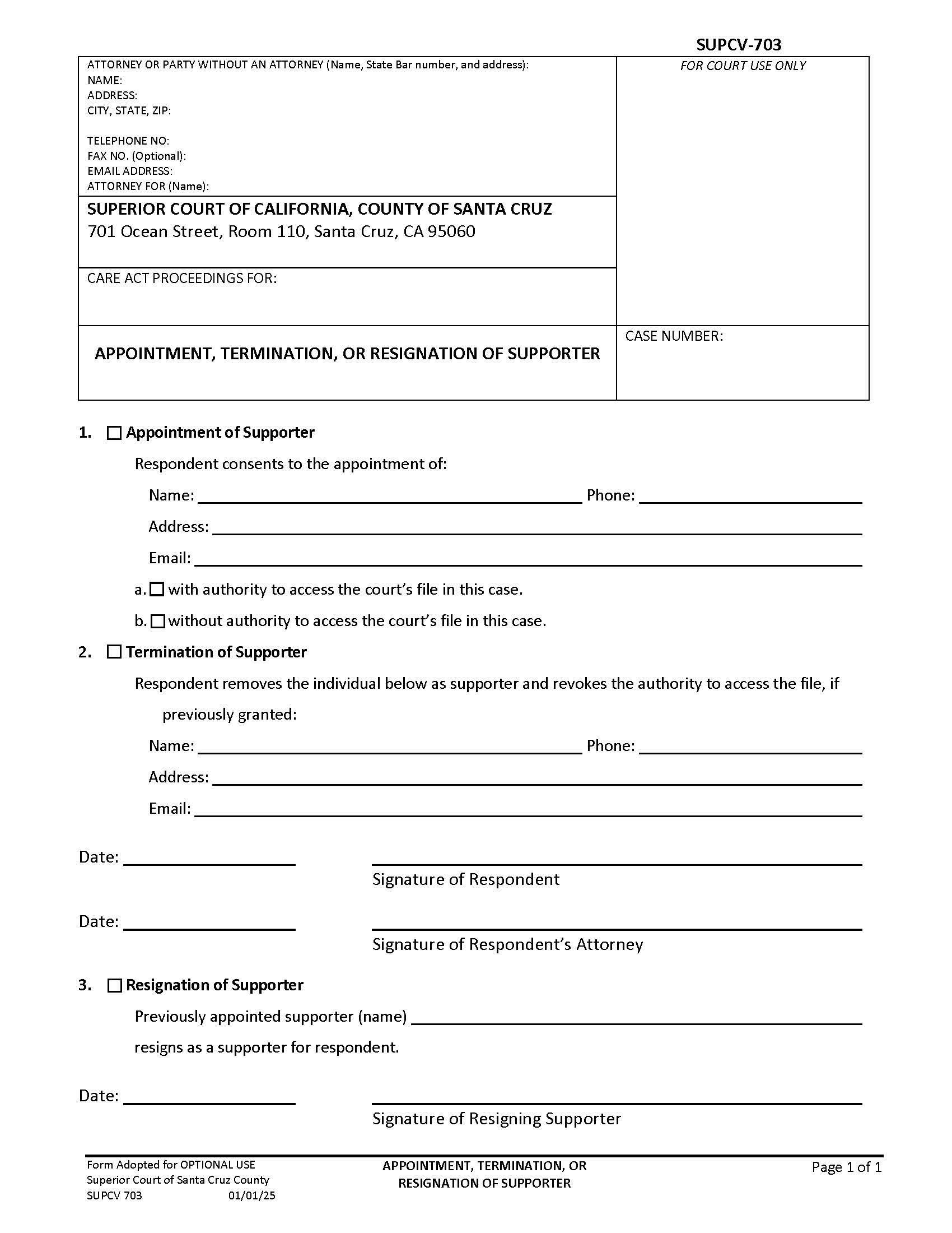 Appointment Termination Or Resignation Or Supporter {SUPCV-703} | Pdf Fpdf Docx | California