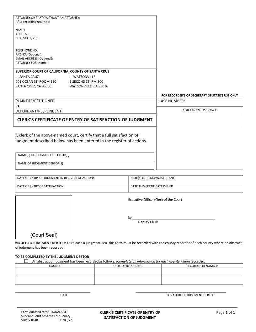 Clerks Certificate Of Entry Of Satisfaction Of Judgment {SUPCV-0148} | Pdf Fpdf Docx | California