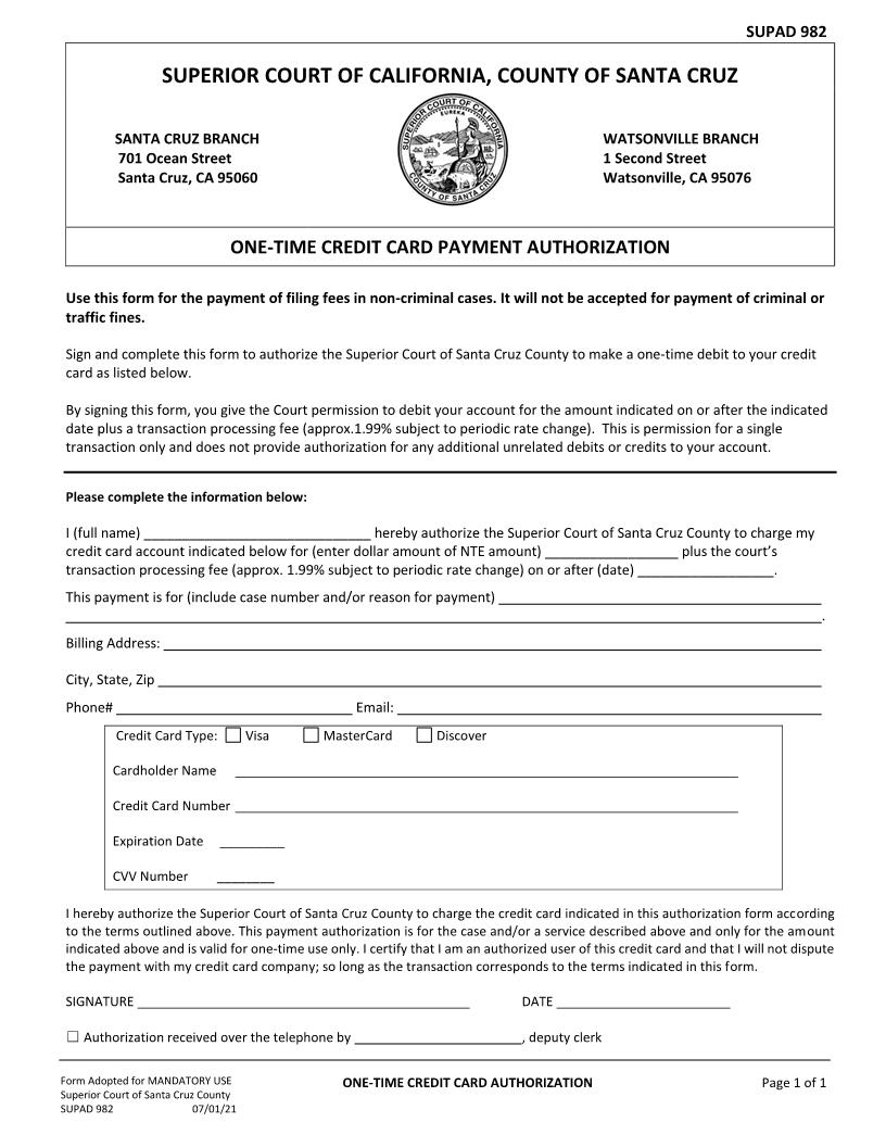 Credit Card Authorization Form {SUPAD 982} | Pdf Fpdf Docx | California
