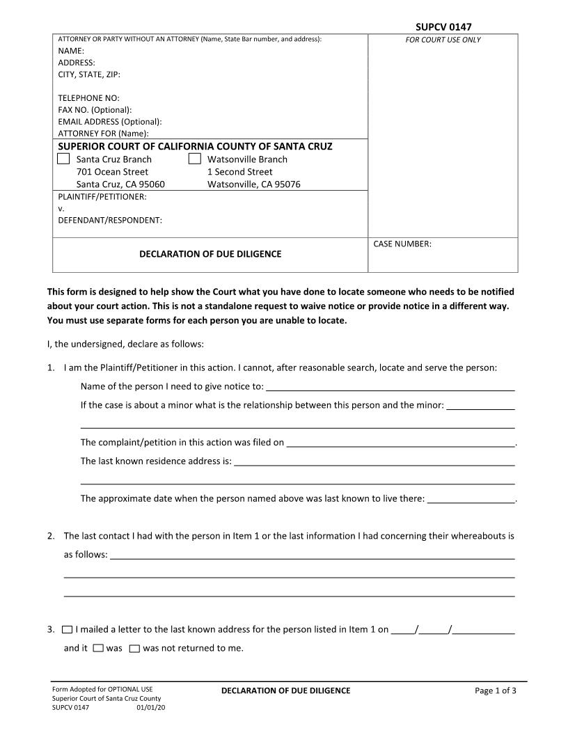 Declaration Of Due Diligence {SUPCV-0147} | Pdf Fpdf Docx | California