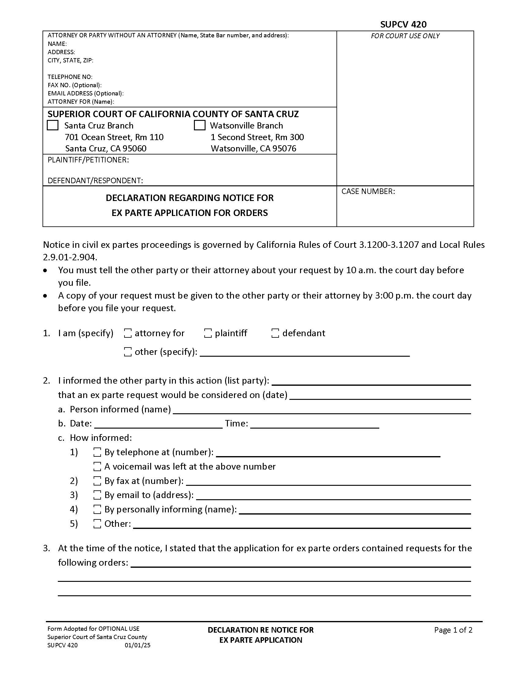 Declaration Re Notice For Ex Parte Application For Orders {SUPCV-420} | Pdf Fpdf Docx | California