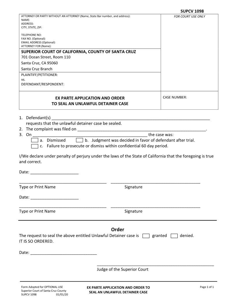 Ex Parte Application And Order To Seal And Unlawful Detainer Case {SUPCV-1098} | Pdf Fpdf Docx | California