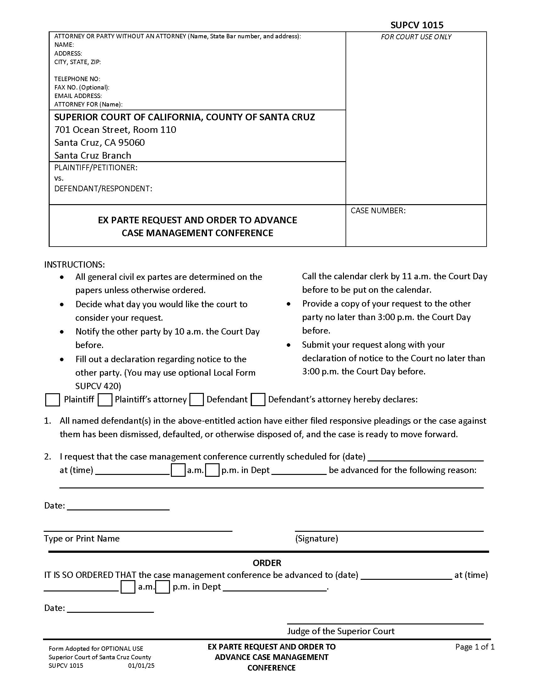 Ex Parte Request To Advance Case Management Conference {SUPCV-1015} | Pdf Fpdf Docx | California
