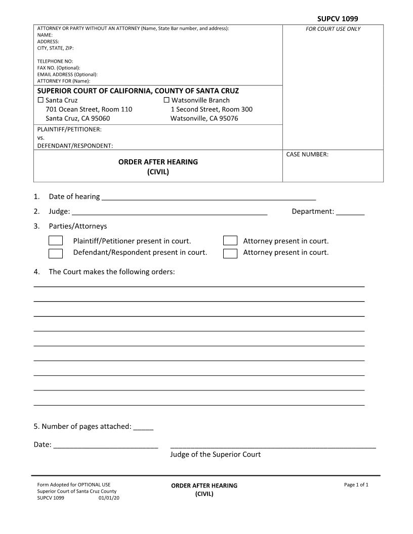 Order After Hearing (Civil) {SUPCV-1099} | Pdf Fpdf Docx | California