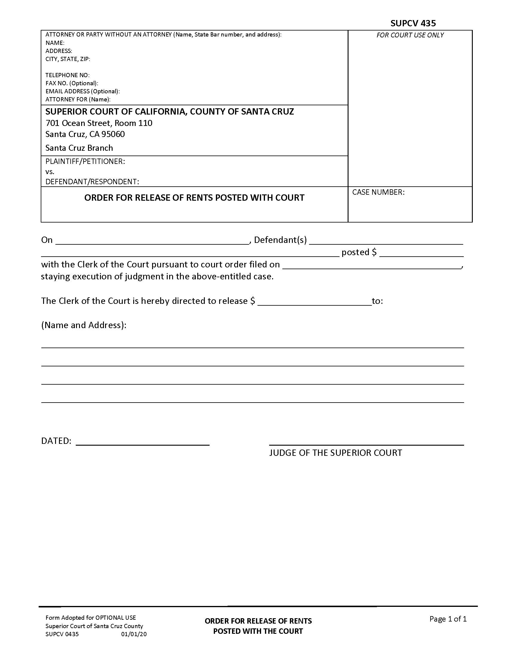 Order For Release Of Rents Posted With Court {SUPCV-435} | Pdf Fpdf Docx | California
