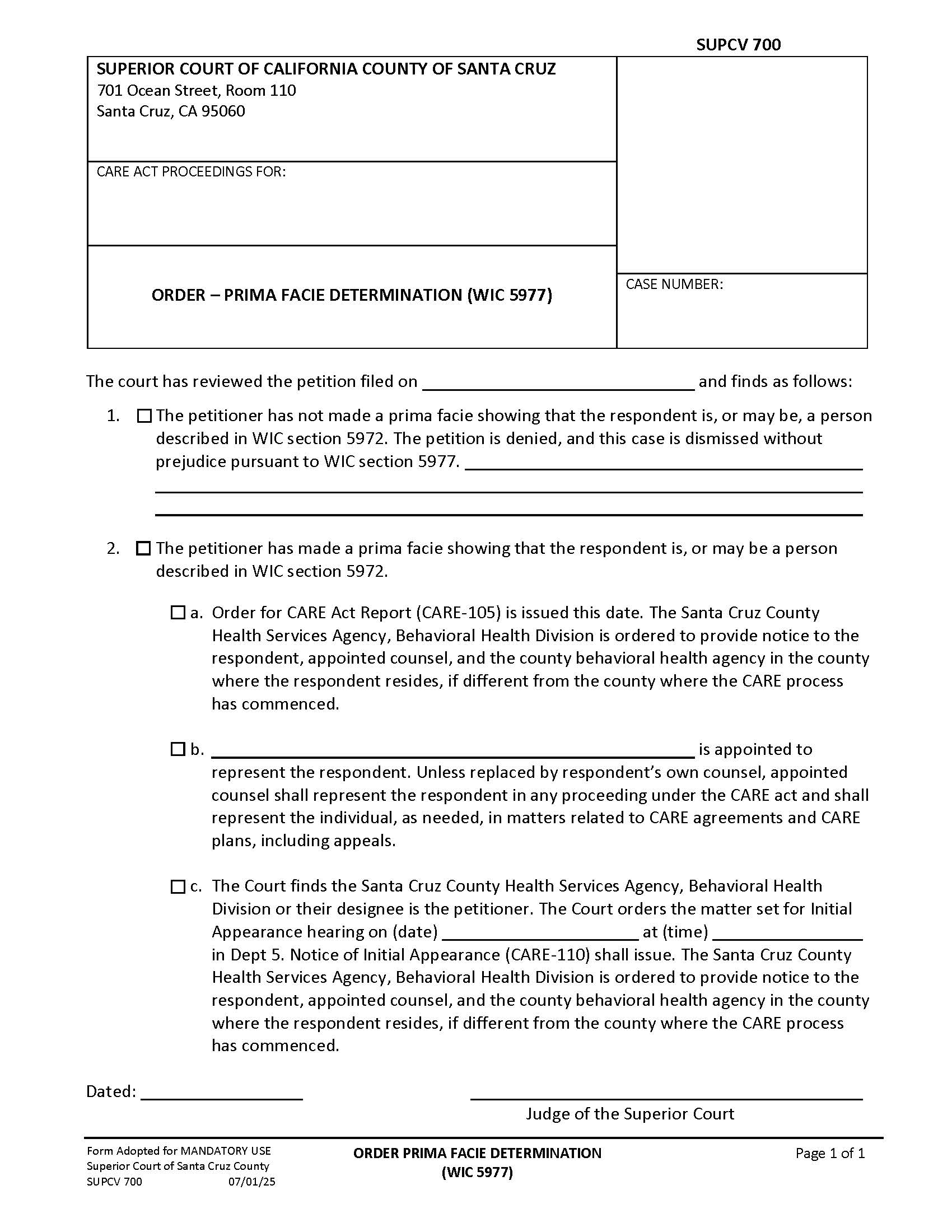 Order Prima Facie Determination (WIC 5877) {SUPCV-700} | Pdf Fpdf Docx | California