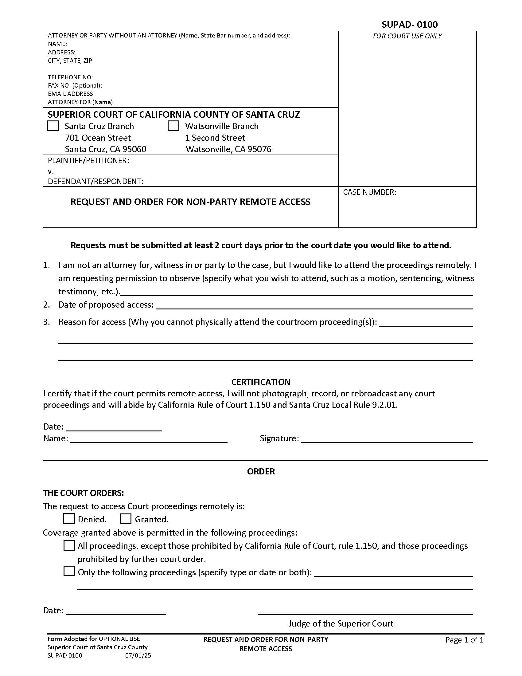 Request And Order For Non-Party Remote Access {SUPAD-100} | Pdf Fpdf Docx | California