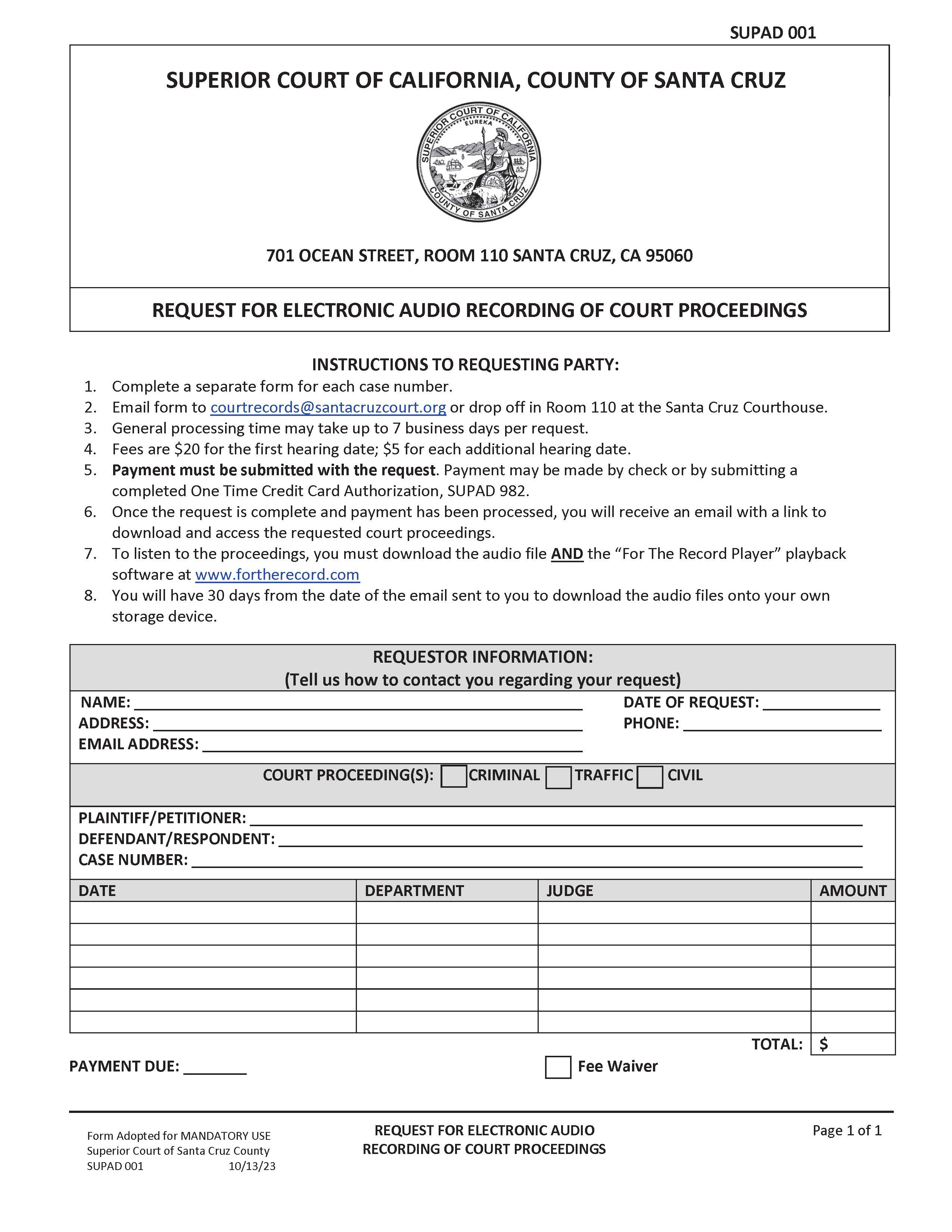 Request For Electronic Audio Recording Of Court Proceedings {SUPAD-001} | Pdf Fpdf Docx | California
