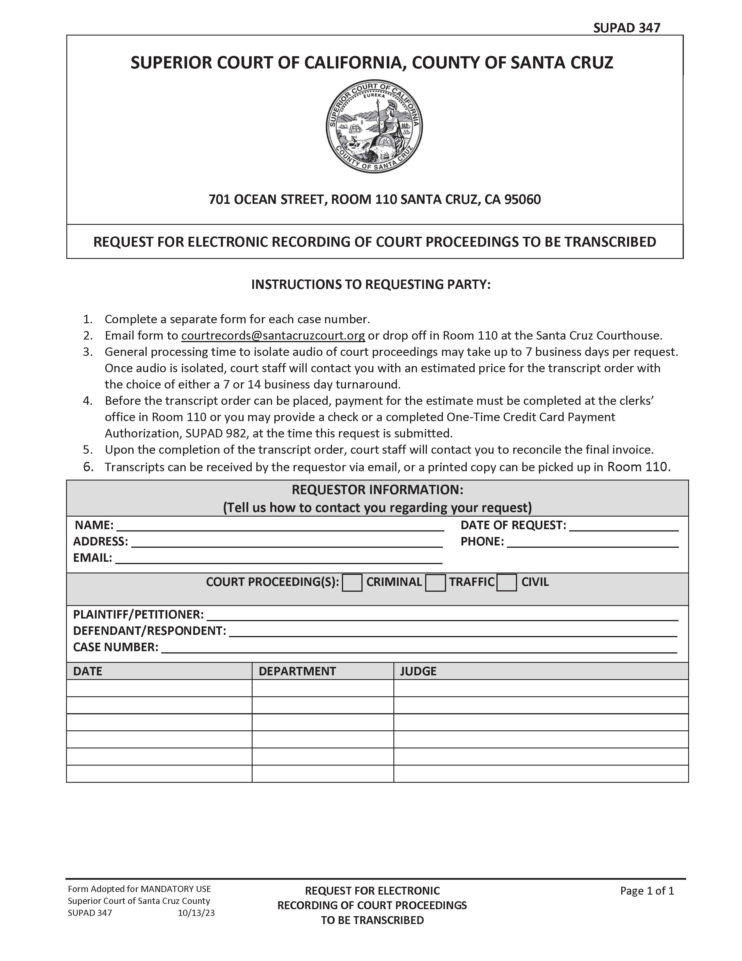 Request For Electronic Recording Of Court Proceedings To Be Transcribed {SUPAD 347} | Pdf Fpdf Docx | California