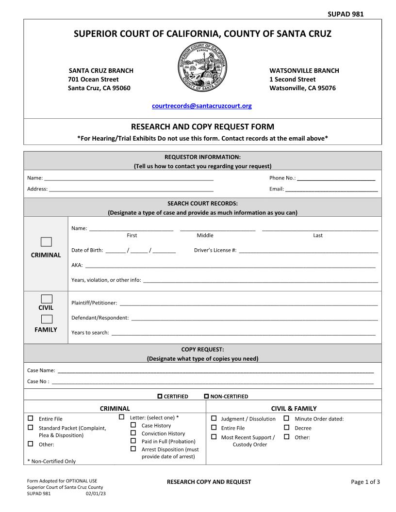 Research And Copy Request Form {SUPAD-981} | Pdf Fpdf Docx | California
