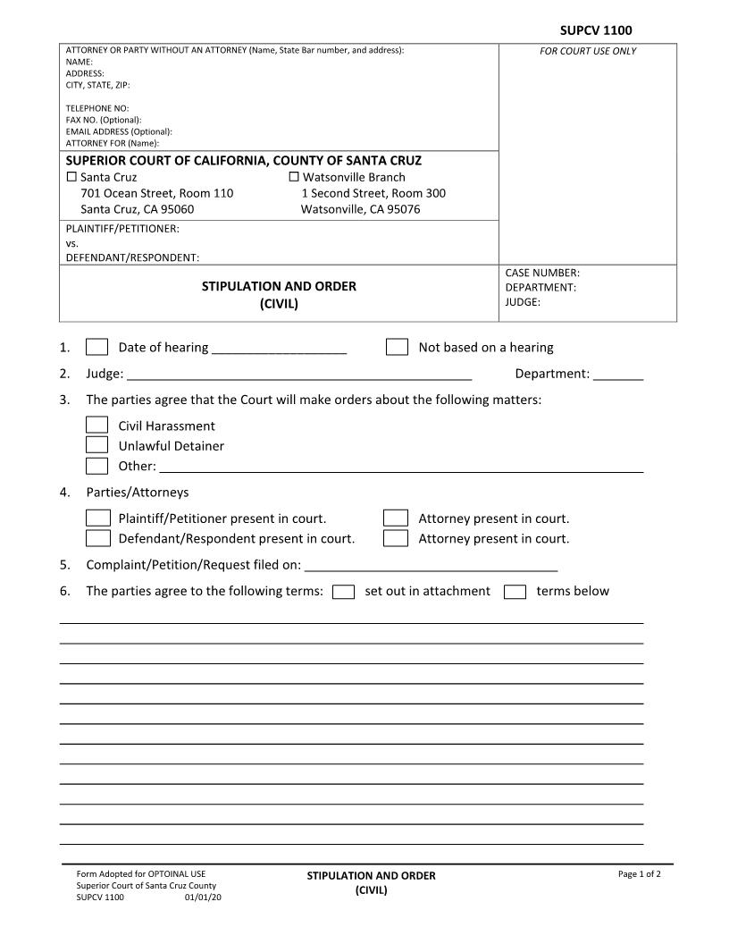 Stipulation And Order {SUPCV-1100} | Pdf Fpdf Docx | California
