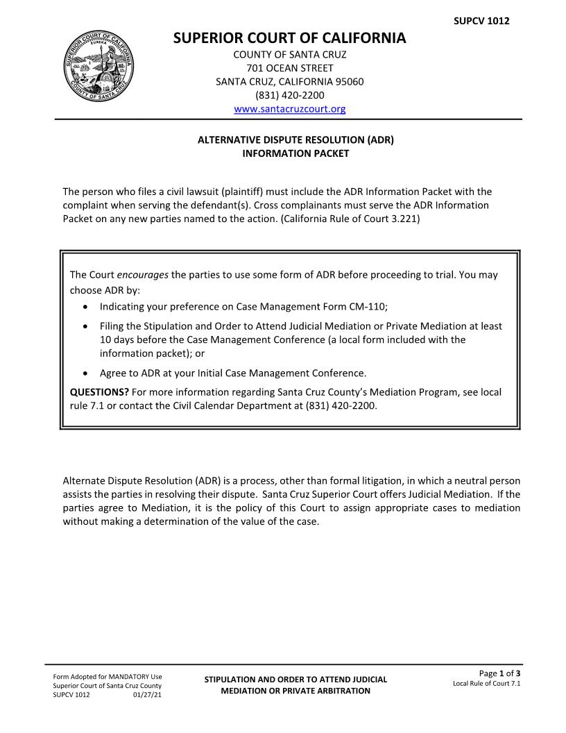Stipulation And Order To Attend Judicial Mediation Or Private Arbitration {SUPCV-1012} | Pdf Fpdf Docx | California