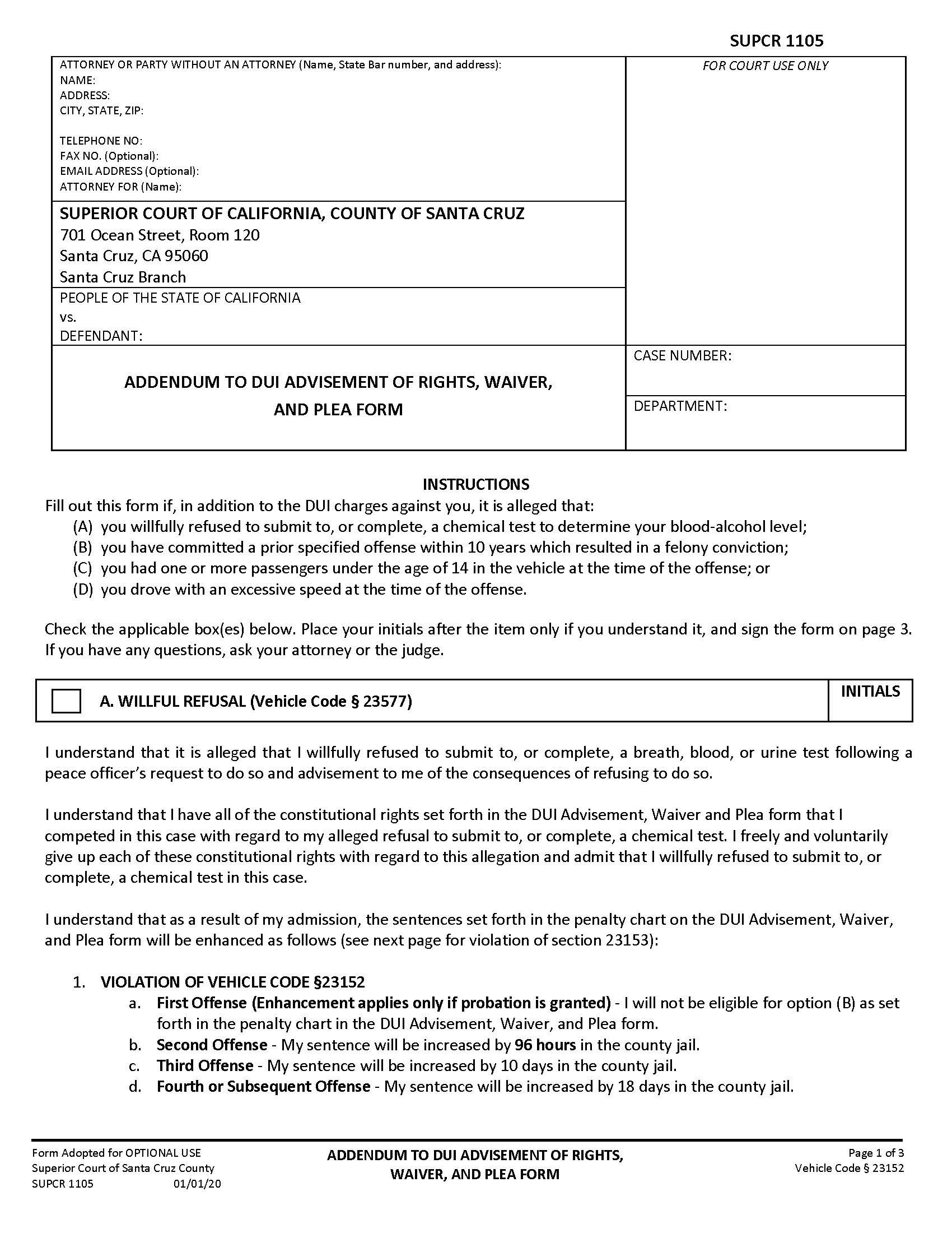 Addendum To DUI Advisement Of Rights Waiver And Plea Form {SUPCR-1105} | Pdf Fpdf Docx | California