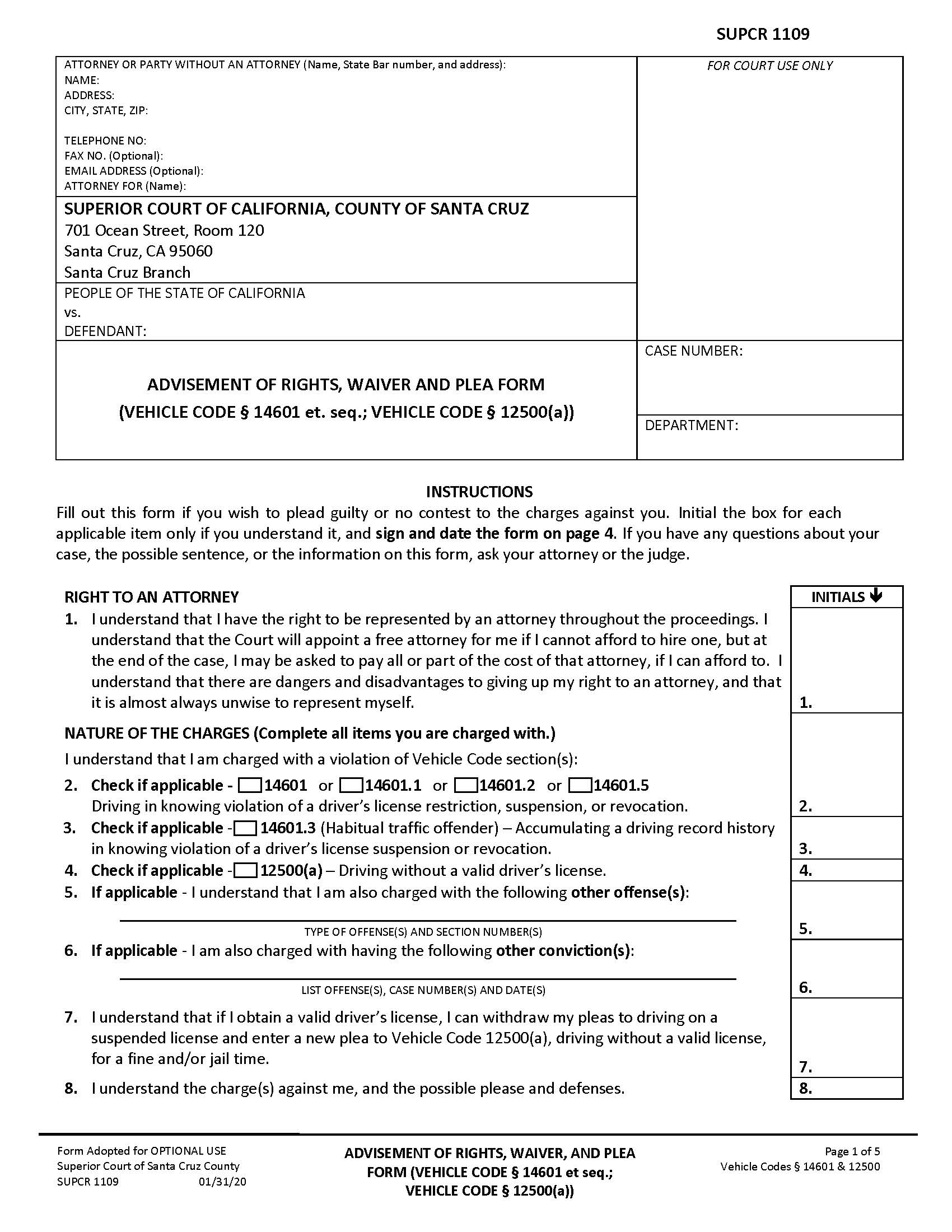 Advisement Of Rights Waiver And Plea Form (Vehicle Code 14601) {SUPCR-1109} | Pdf Fpdf Docx | California