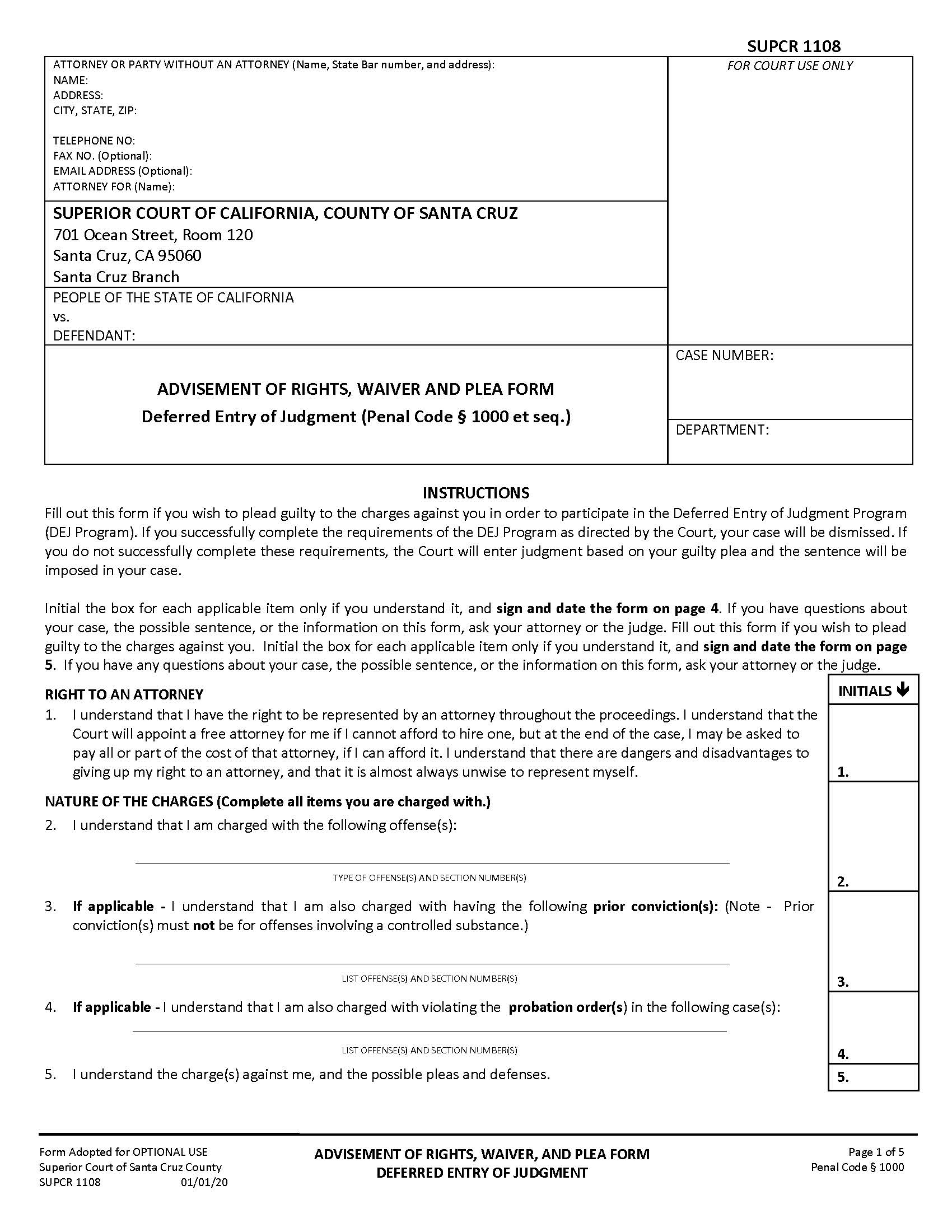 Advisement Of Rights Waiver And Plea Form Deferred Entry Of Judgment {SUPCR-1108} | Pdf Fpdf Docx | California