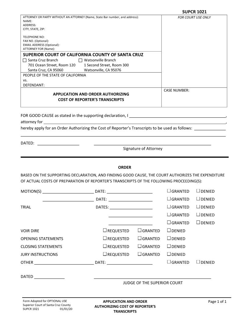 Application And Order Authorizing Cost Of Reporters Transcripts {SUPCR-1021} | Pdf Fpdf Docx | California