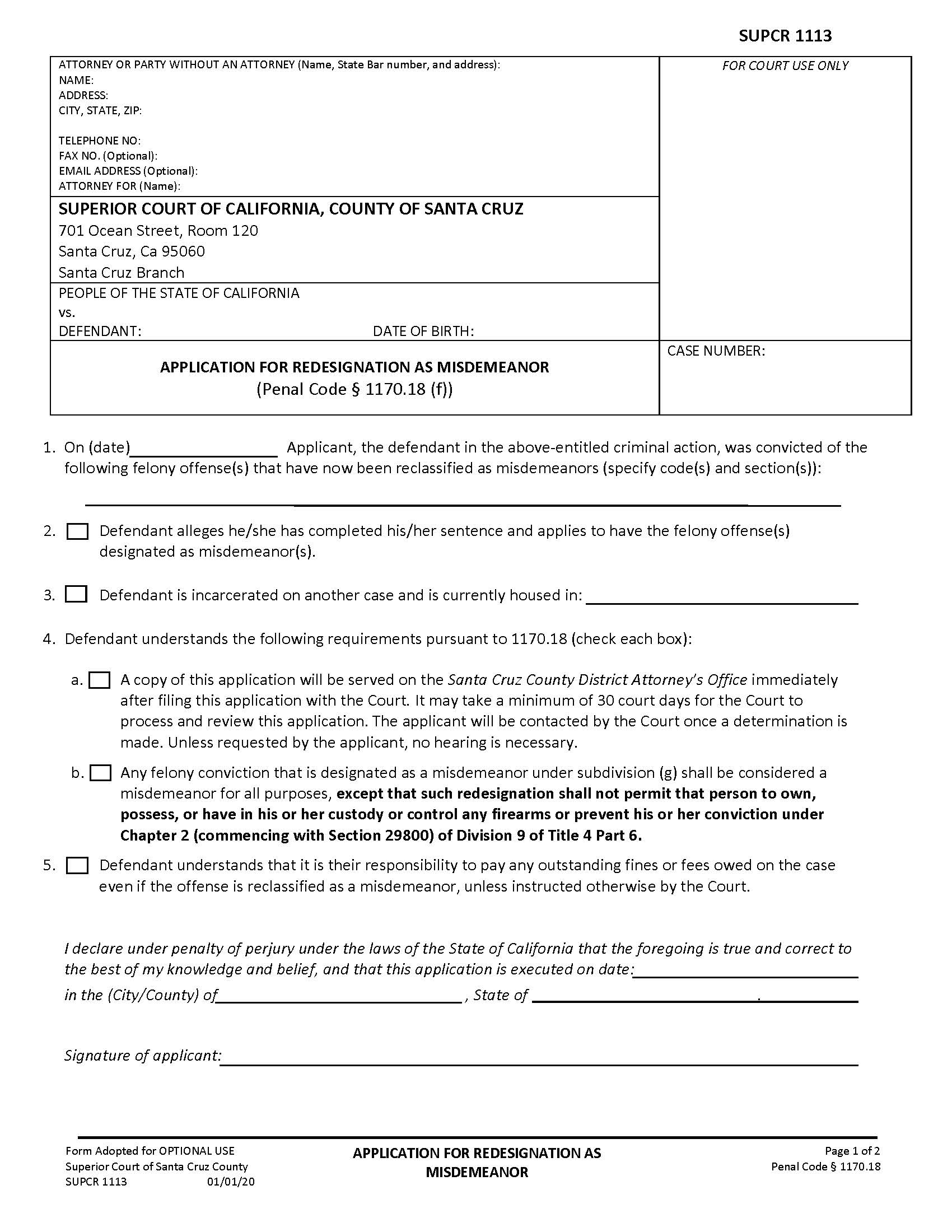 Application For Redesignation As Misdemeanor {SUPCR-1113} | Pdf Fpdf Docx | California