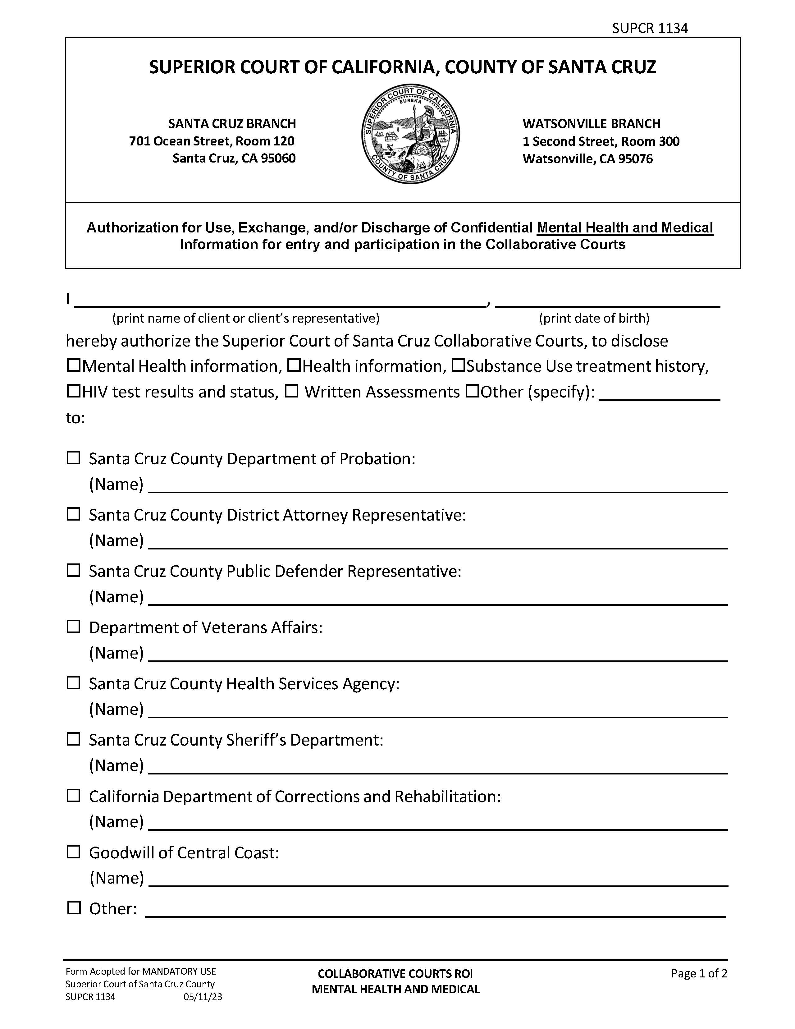Collaborative Courts Mental Health And Medical ROI {SUPCR-1134} | Pdf Fpdf Docx | California