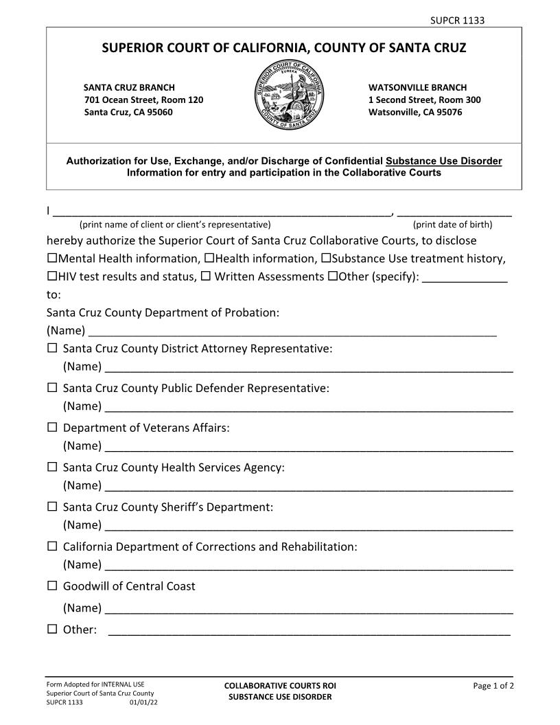 Collaborative Courts Substance Use Disorder {SUPCR-1133} | Pdf Fpdf Docx | California