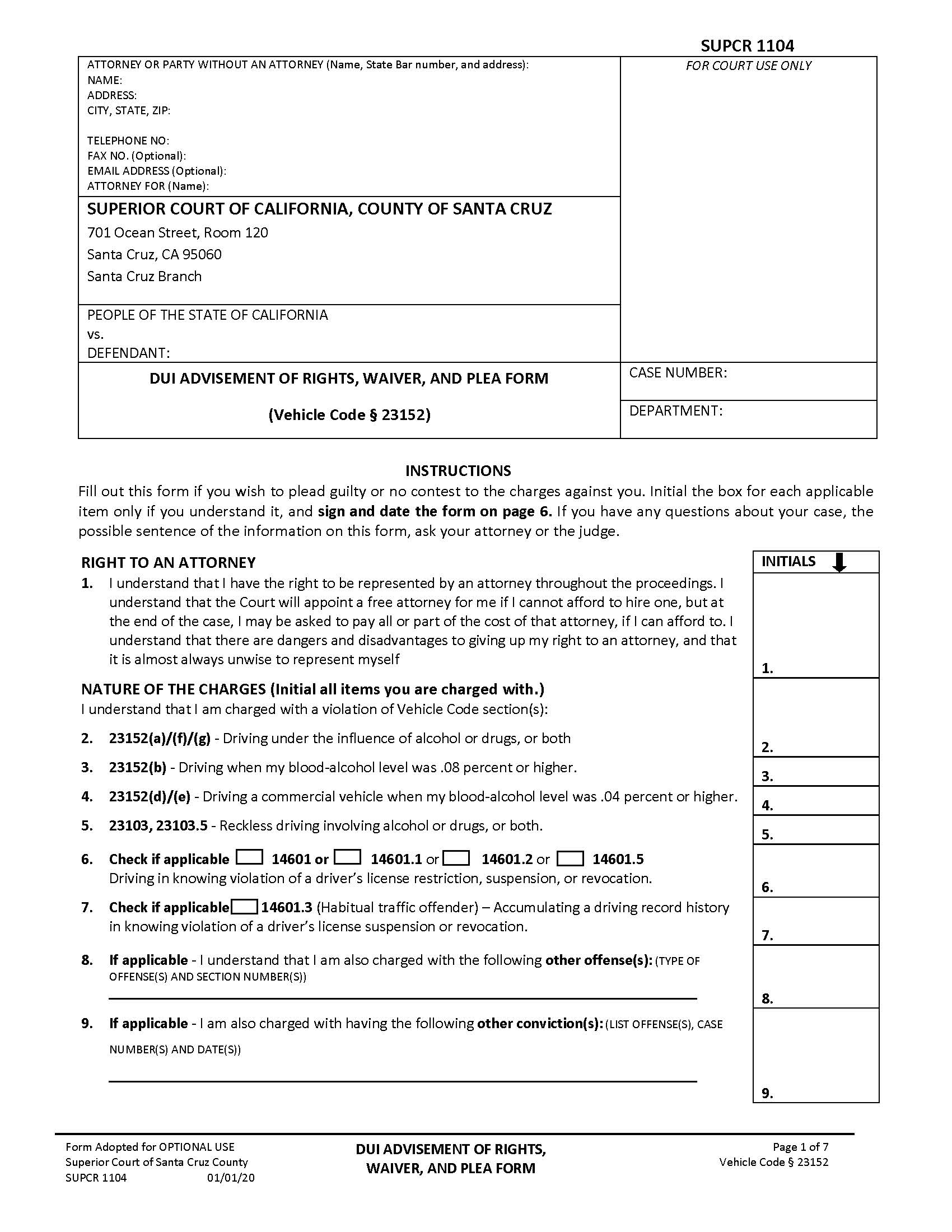DUI Advisement Of Rights Waiver And Plea Form (Vehicle Code 23152) {SUPCR-1104} | Pdf Fpdf Docx | California
