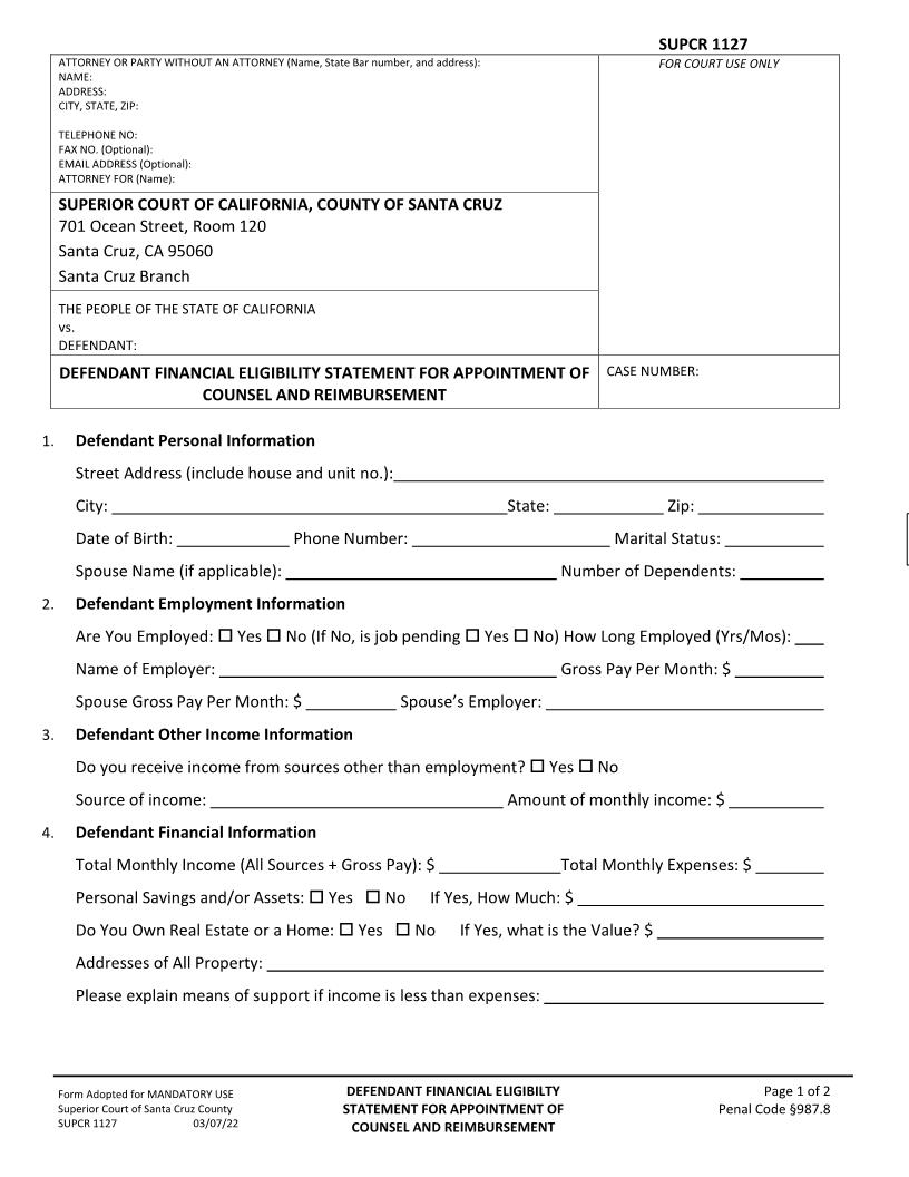 Defendant Financial Eligibility Statement For Appointment Of Counsel And Reimbursement {SUPCR-1127} | Pdf Fpdf Docx | California
