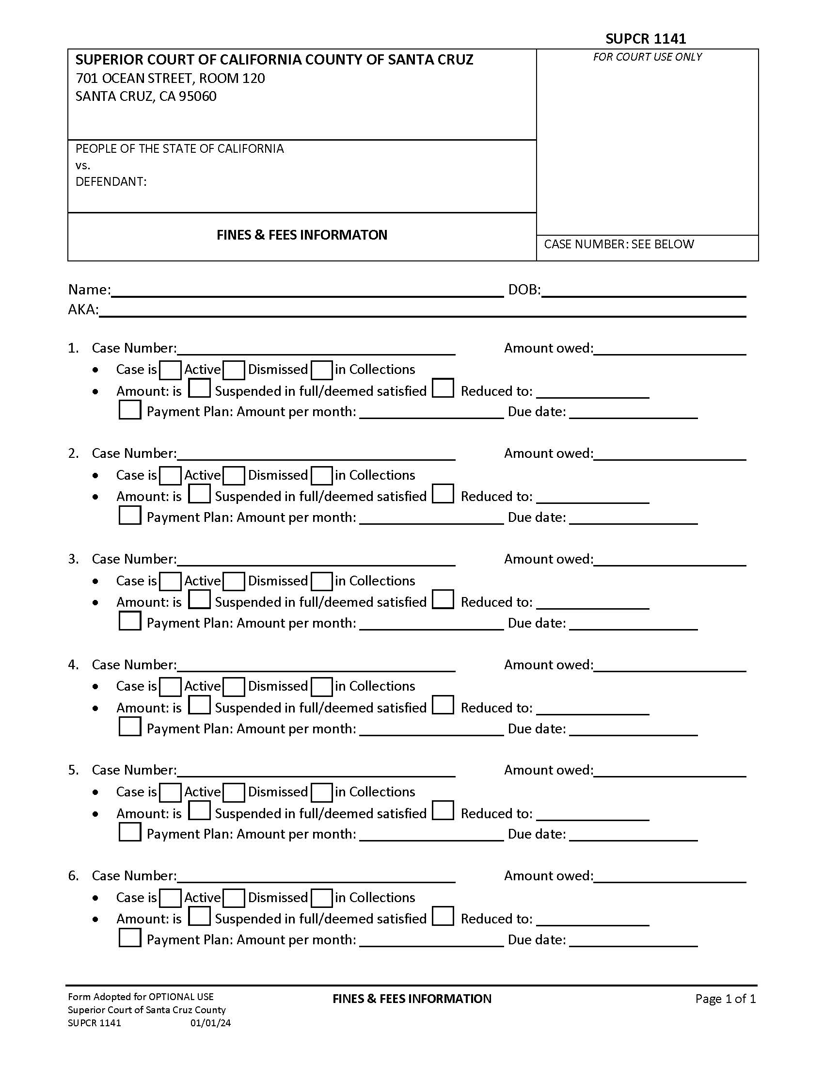 Fines And Fees Information {SUPCR-1141} | Pdf Fpdf Docx | California