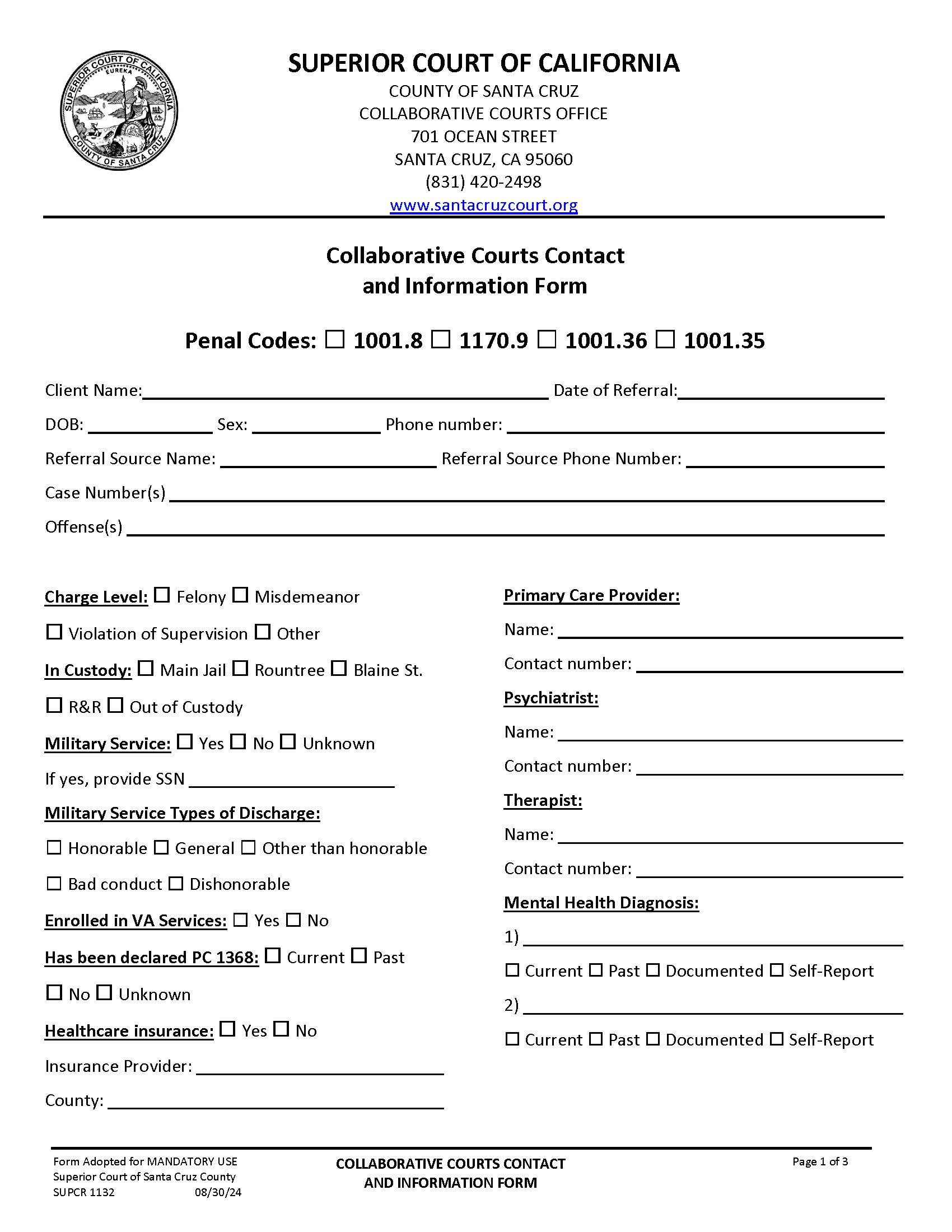 Mental Health Diversion Contact Information {SUPCR-1132} | Pdf Fpdf Docx | California