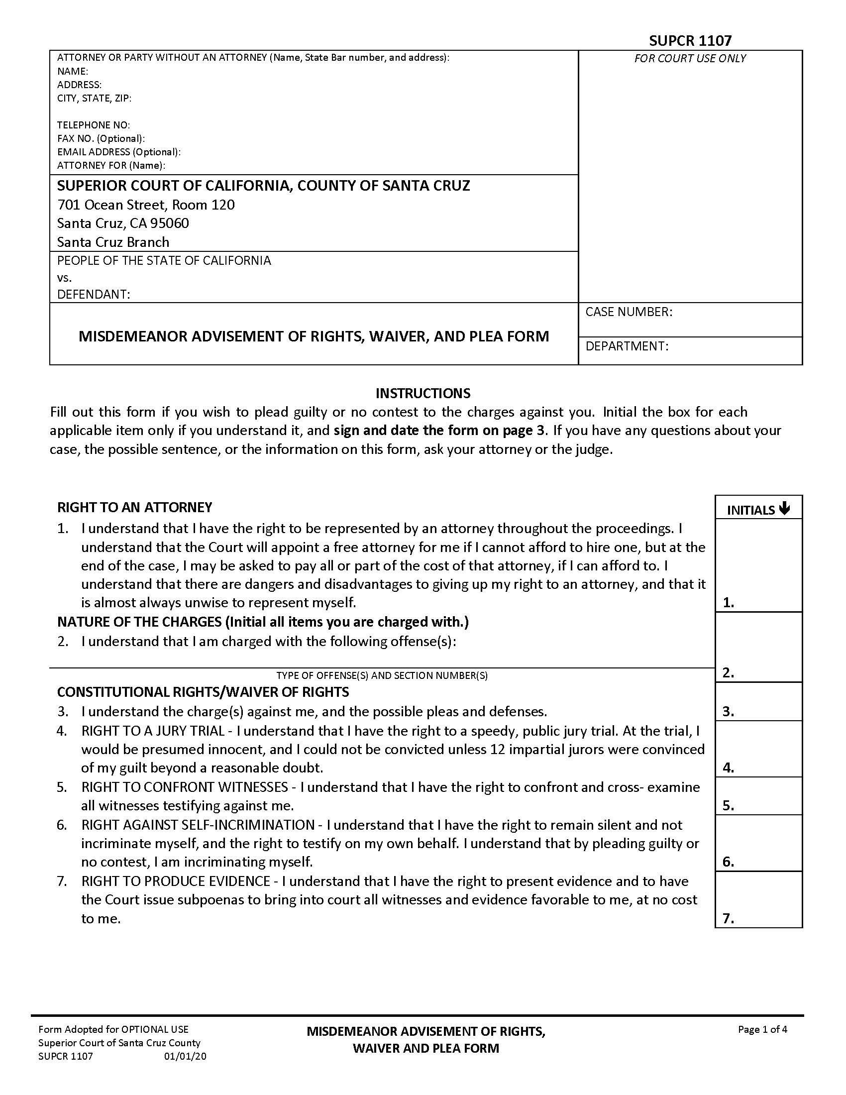 Misdemeanor Advisement Of Rights Waiver And Plea Form {SUPCR-1107} | Pdf Fpdf Docx | California