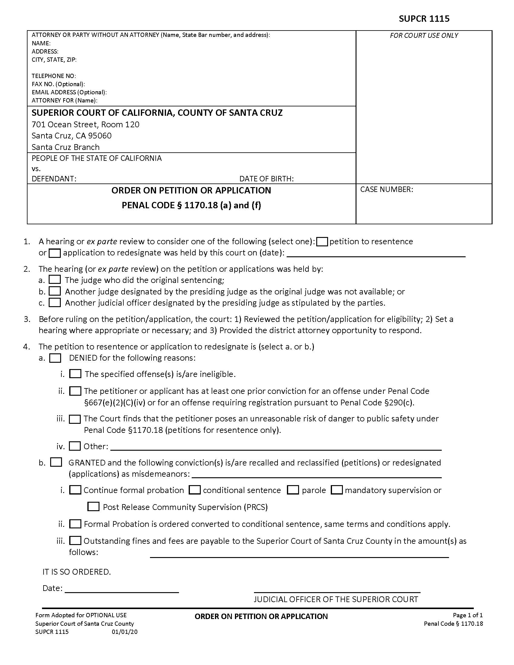 Order On Petition Or Application {SUPCR-1115} | Pdf Fpdf Docx | California