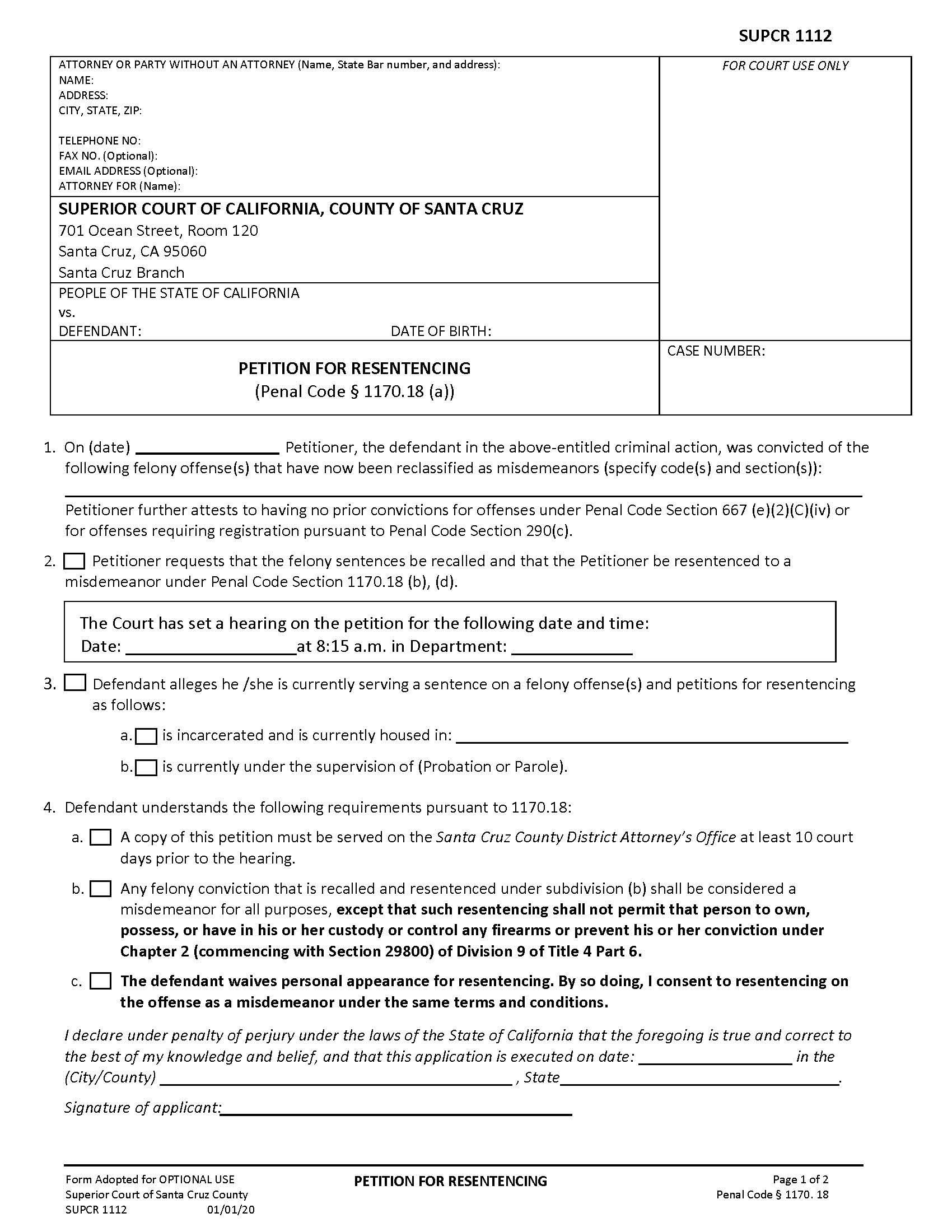 Petition For Resentencing {SUPCR-1112} | Pdf Fpdf Docx | California