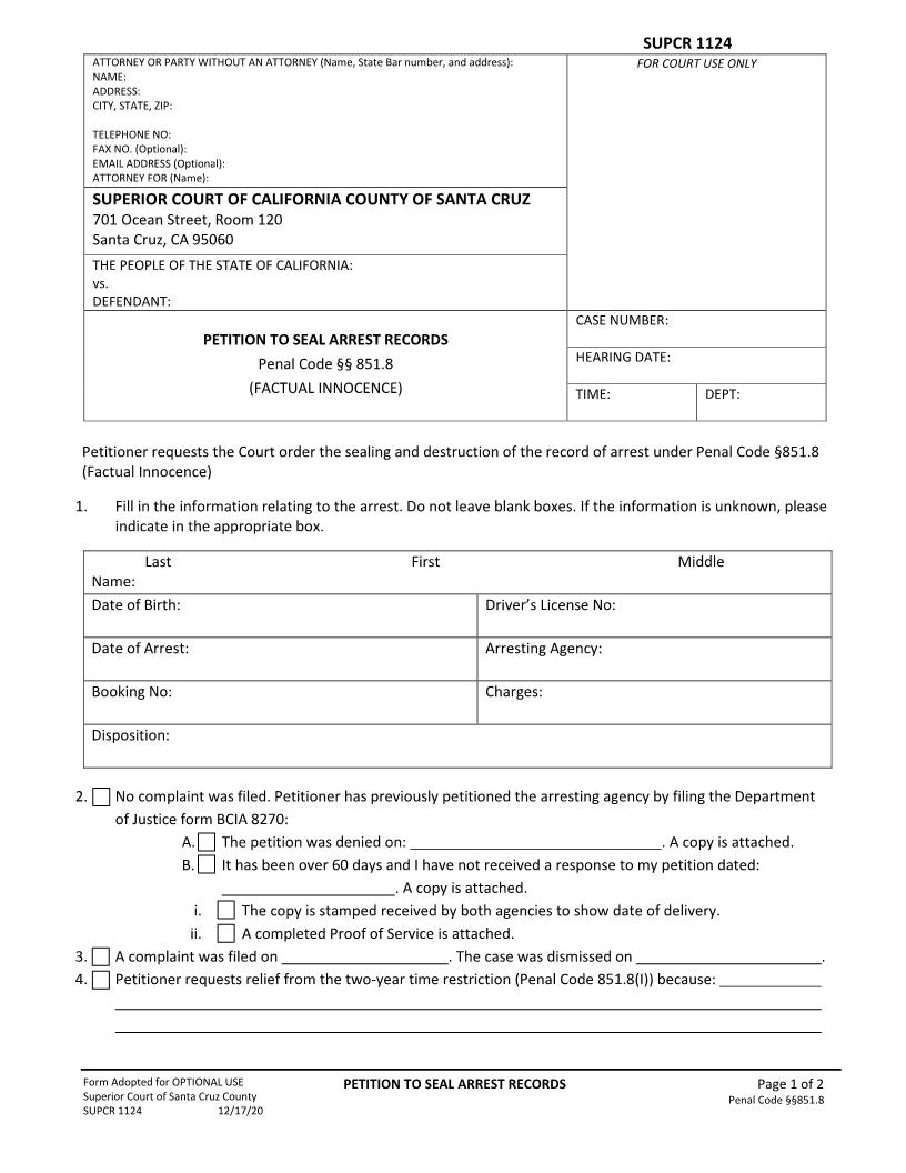 Petition To Seal Arrest Records  {SUPCR-1124} | Pdf Fpdf Docx | California