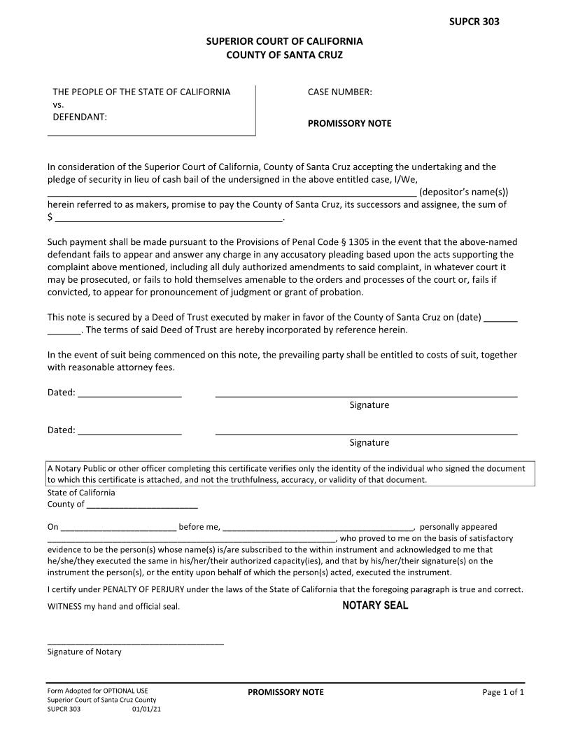 Promissory Note {SUPCR-303} | Pdf Fpdf Docx | California