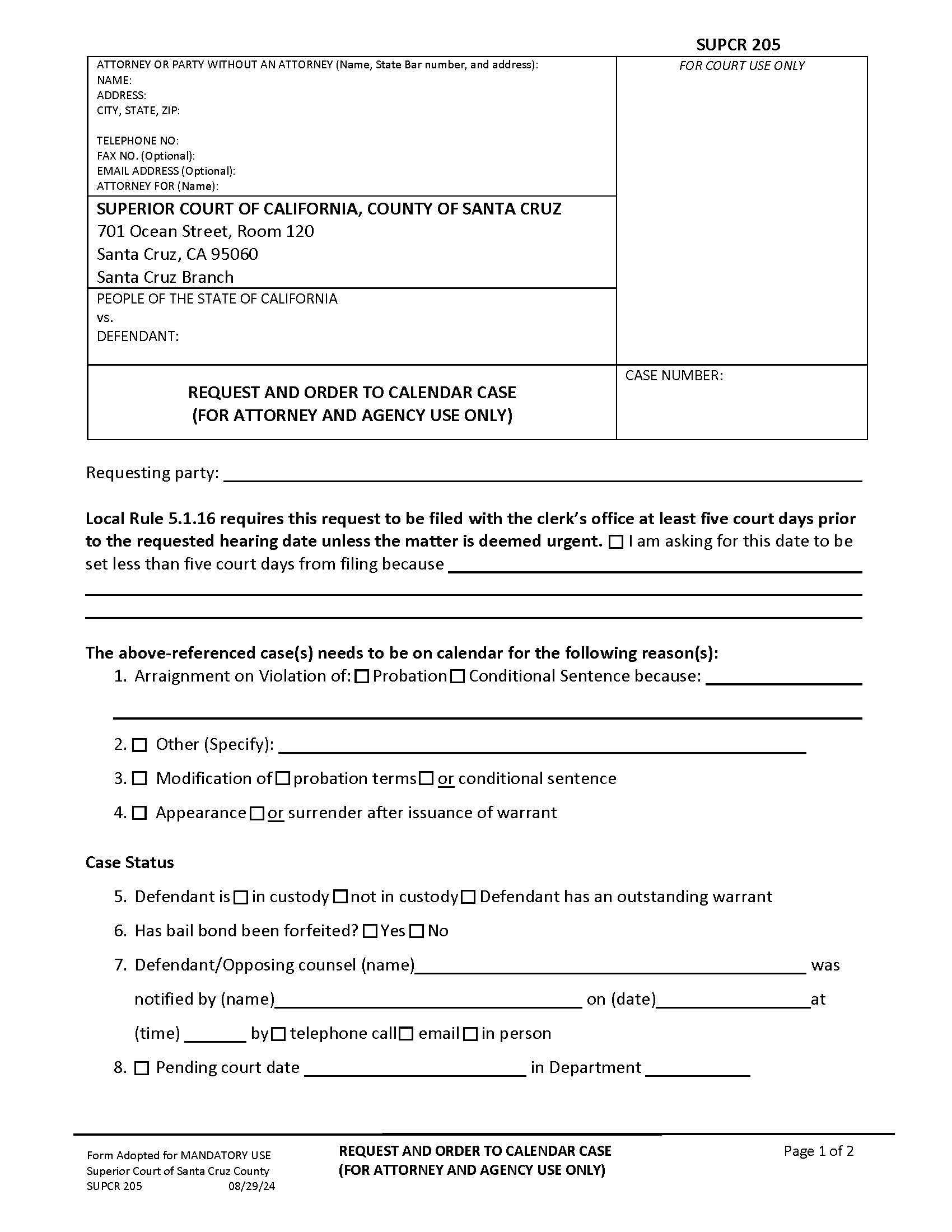 Request And Order To Calendar (For Attorney Use Only) {SUPCR-0205} | Pdf Fpdf Docx | California